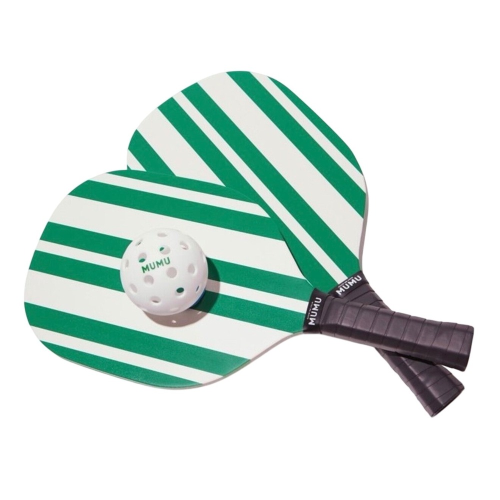 Show Me‎ Your Mumu Pickleball Set 2 Paddles 1 Ball Green White Stripes New